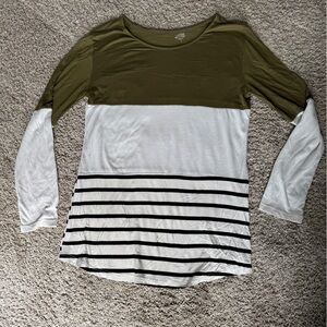 Olive and White Striped Long Sleeve Top size L